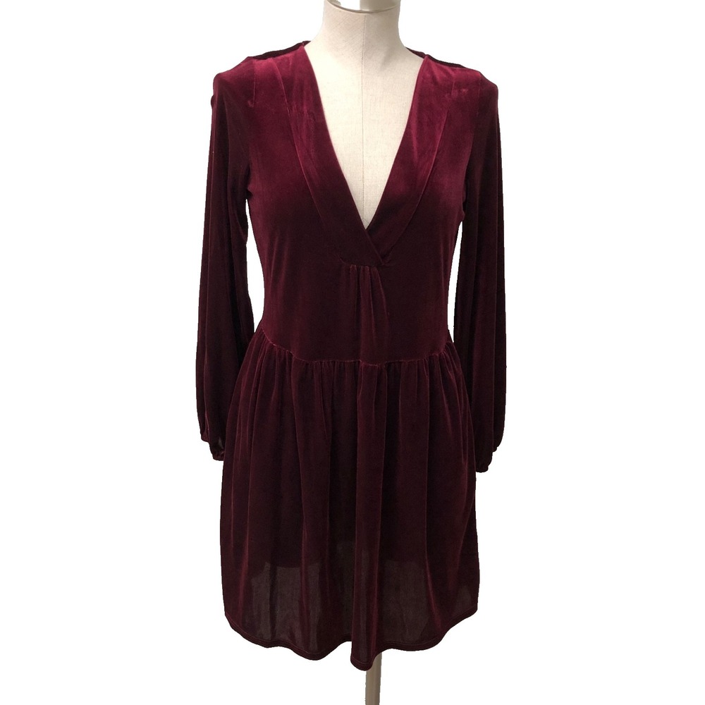 Amadi Velvet Mini Dress Womens XS Burgundy Long Sleeve V Neck‎ Pockets Party